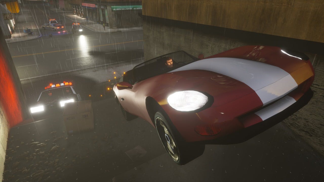 screen z remasteru gta, w którym bohater jedzie w czerwonym samochodzie