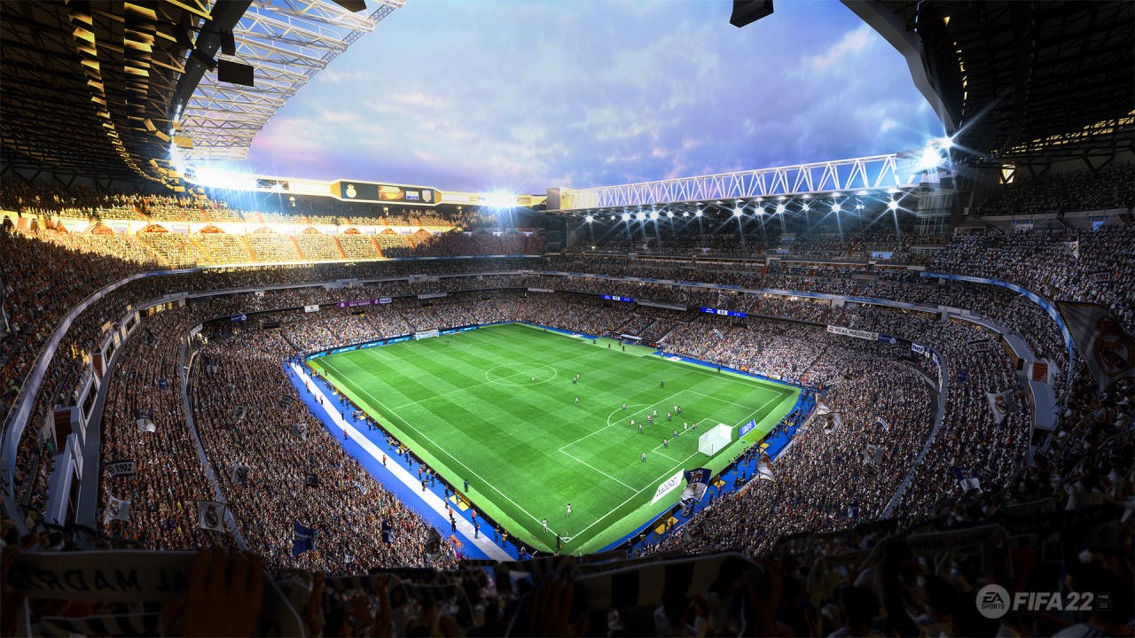 Screenshot z gry fifa 22, czyli poprzednika EA Sports FC pokazujący stadion piłkarski z kibicami